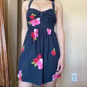 Navy blue mini dress, Hawaiian floral design, razor back, sweetheart neckline